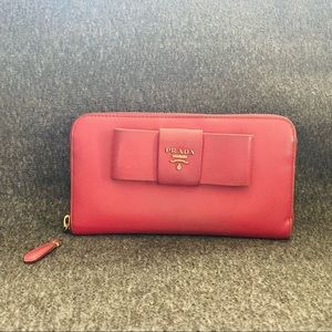 Prada Pink Saffiano Leather Bow Long Zip Wallet